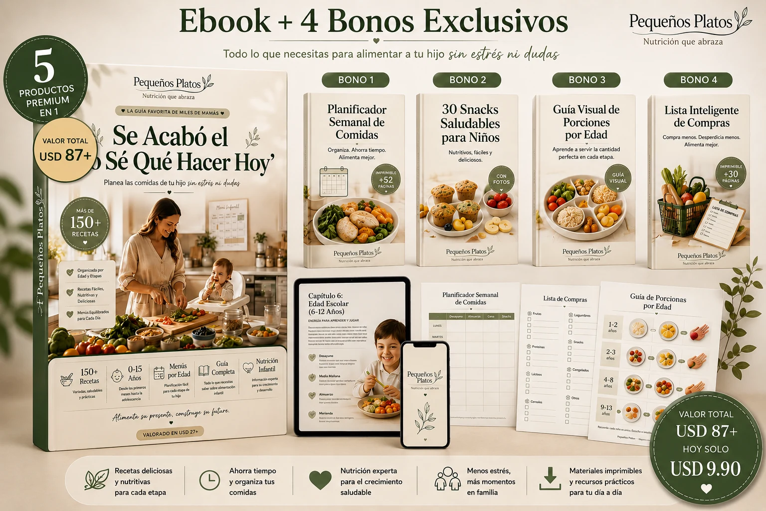 Ebook + 4 bonos exclusivos: planificador semanal, lista de compras, guía de porciones y 30 snacks saludables