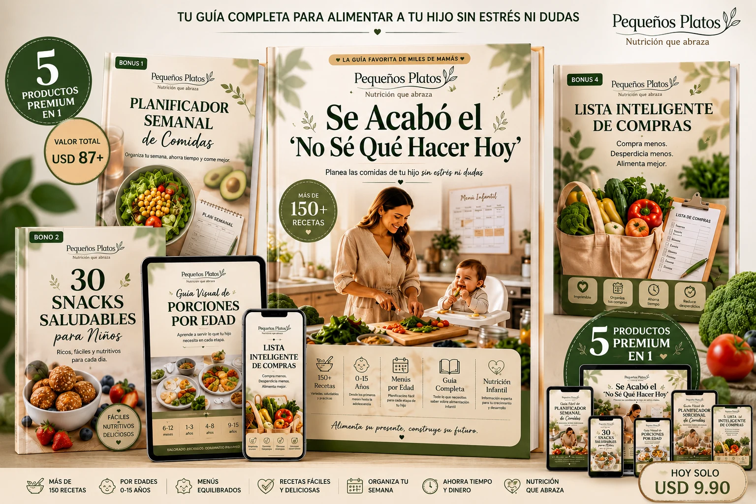Ebook Pequeños Platos con planificador semanal, lista de compras, guía de porciones y 30 snacks saludables